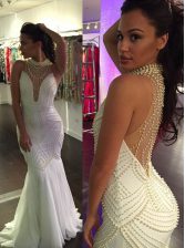Perfect Mermaid Sleeveless With Train Beading Criss Cross Homecoming Dress with White Sweep Train