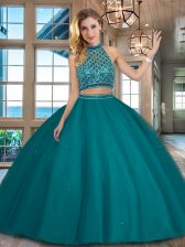 Fabulous Halter Top Teal Sleeveless Floor Length Beading Backless 15th Birthday Dress