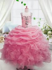 Custom Design Square Sleeveless Organza Little Girls Pageant Dress Beading and Ruffles and Pick Ups Zipper