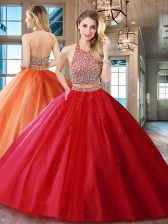  Halter Top Sleeveless Brush Train Backless Quinceanera Dresses Red Tulle