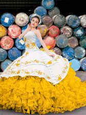 Fantastic Yellow And White Sweetheart Neckline Appliques and Embroidery and Ruffles 15th Birthday Dress Sleeveless Lace Up