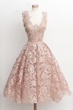 Glamorous Scoop Peach Sleeveless Lace Zipper Prom Party Dress for Prom and Party