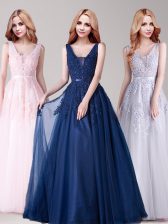 Nice A-line Baby Pink V-neck Tulle Sleeveless Floor Length Backless