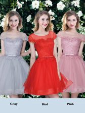 Beautiful Scoop Tulle Short Sleeves Mini Length Quinceanera Court Dresses and Appliques and Belt