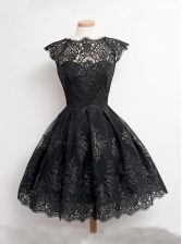  Scoop Black Lace Zipper Evening Dress Cap Sleeves Knee Length Appliques