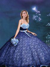  Royal Blue Lace Lace Up 15th Birthday Dress Sleeveless Appliques and Bowknot