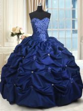 Fine Navy Blue Ball Gowns Appliques and Pick Ups Sweet 16 Dresses Lace Up Taffeta Sleeveless Floor Length