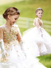  White Asymmetric Zipper Ruffled Layers and Hand Made Flower Toddler Flower Girl Dress Brush Train Sleeveless