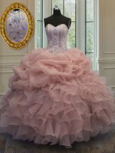  Baby Pink Ball Gowns Organza Sweetheart Sleeveless Beading and Pick Ups Floor Length Lace Up Ball Gown Prom Dress