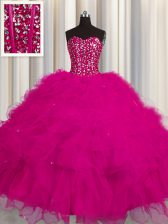  Visible Boning Sleeveless Tulle Floor Length Lace Up Sweet 16 Dress in Fuchsia with Beading and Ruffles and Sequins