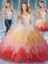 Beautiful Halter Top Sleeveless Beading and Ruffles Lace Up Sweet 16 Dress