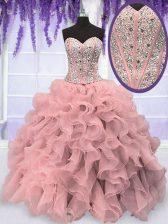 Latest Sweetheart Sleeveless Quinceanera Gowns Floor Length Beading and Ruffles Pink Organza