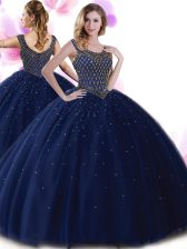 Attractive Scoop Navy Blue Sleeveless Beading Floor Length 15 Quinceanera Dress