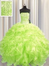  Visible Boning Floor Length Lace Up 15 Quinceanera Dress Yellow Green for Military Ball and Sweet 16 and Quinceanera with Beading and Ruffles