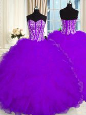 Noble Purple Organza Lace Up Sweetheart Sleeveless Floor Length Ball Gown Prom Dress Beading and Ruffles