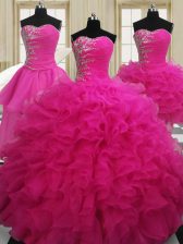  Four Piece Beading Quince Ball Gowns Hot Pink Zipper Sleeveless Floor Length