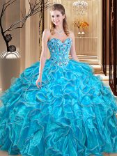  Teal Sleeveless Organza Lace Up Quinceanera Gown for Military Ball and Sweet 16 and Quinceanera