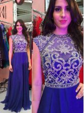  High-neck Sleeveless Zipper Prom Gown Royal Blue Chiffon