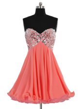 Superior Sweetheart Sleeveless Prom Dresses Mini Length Beading Watermelon Red Chiffon