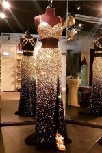 Designer Mermaid Gold Sleeveless Sweep Train Beading With Train Prom Party Dress