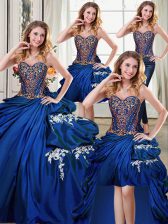  Four Piece Sleeveless Floor Length Beading and Appliques and Pick Ups Lace Up Quince Ball Gowns with Royal Blue
