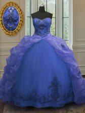 Top Selling Beading and Appliques and Pick Ups Quince Ball Gowns Blue Lace Up Sleeveless With Train Court Train