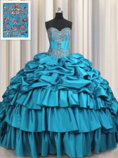 Flare Taffeta Sleeveless Ball Gown Prom Dress Brush Train and Beading and Embroidery and Ruffled Layers and Pick Ups