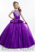  Pleated Floor Length Purple Little Girls Pageant Dress Wholesale Bateau Sleeveless Zipper