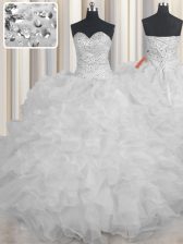 Vintage White Organza Lace Up Quinceanera Dresses Sleeveless Floor Length Beading and Ruffles