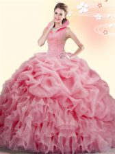 Great Watermelon Red Backless High-neck Beading and Ruffles and Pick Ups Quinceanera Gowns Organza Sleeveless Brush Train