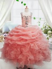  Pick Ups Ball Gowns Kids Pageant Dress Peach Square Organza Sleeveless Floor Length Zipper