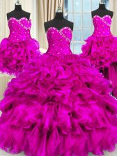  Four Piece Sleeveless Floor Length Beading and Ruffles and Ruching Lace Up Quinceanera Dress with Fuchsia