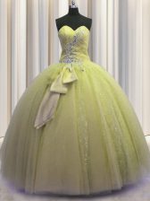  Sequins Bowknot Sweetheart Sleeveless Lace Up Quinceanera Gowns Light Yellow Tulle