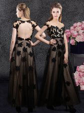 Custom Design Black Empire Sweetheart Short Sleeves Tulle Ankle Length Backless Appliques Evening Dress