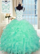Superior Turquoise Lace Up Quince Ball Gowns Beading and Appliques and Ruffles Sleeveless Floor Length