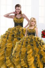 Simple Gold Lace Up Sweet 16 Dresses Beading and Appliques and Ruffles Sleeveless Floor Length