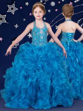  Halter Top Floor Length Blue Little Girls Pageant Gowns Organza Sleeveless Beading and Ruffles