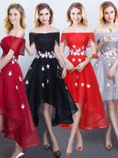 Stunning Off the Shoulder Appliques Dama Dress Black and Red and Grey Lace Up Sleeveless High Low