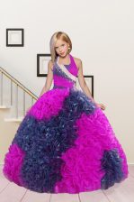 Admirable Hot Pink Halter Top Neckline Beading and Ruffles Little Girls Pageant Gowns Sleeveless Lace Up