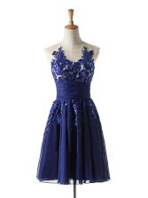 High Class Navy Blue A-line Scoop Sleeveless Chiffon Knee Length Backless Appliques Prom Dresses