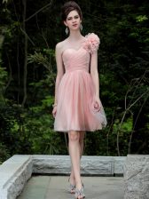 Perfect One Shoulder Peach Sleeveless Beading and Hand Made Flower Knee Length Prom Party Dress