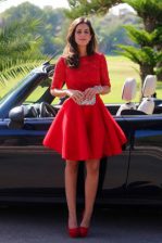 Amazing Halter Top Lace Prom Party Dress Red Backless Half Sleeves Knee Length