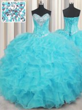 Noble Aqua Blue Organza Lace Up Sweetheart Sleeveless Floor Length 15 Quinceanera Dress Beading and Ruffles