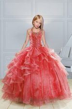  Halter Top Red Ball Gowns Beading and Ruffles Girls Pageant Dresses Lace Up Organza Sleeveless Floor Length