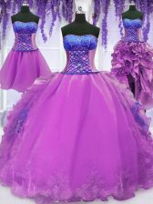  Four Piece Floor Length Purple Quince Ball Gowns Organza Sleeveless Embroidery and Ruffles
