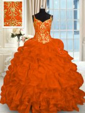 Edgy Organza Sleeveless 15th Birthday Dress Brush Train and Beading and Ruffles