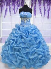  Blue Sleeveless Organza Lace Up Quinceanera Gowns for Military Ball and Sweet 16 and Quinceanera