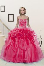 Romantic Hot Pink Ball Gowns Sweetheart Sleeveless Organza Floor Length Lace Up Beading and Pick Ups Little Girl Pageant Gowns