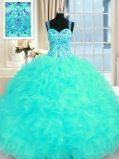 Comfortable Straps Sleeveless Lace Up Quinceanera Dresses Aqua Blue Organza