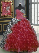  Printed Sleeveless Brush Train Lace Up With Train Beading and Ruffles and Pattern 15 Quinceanera Dress
